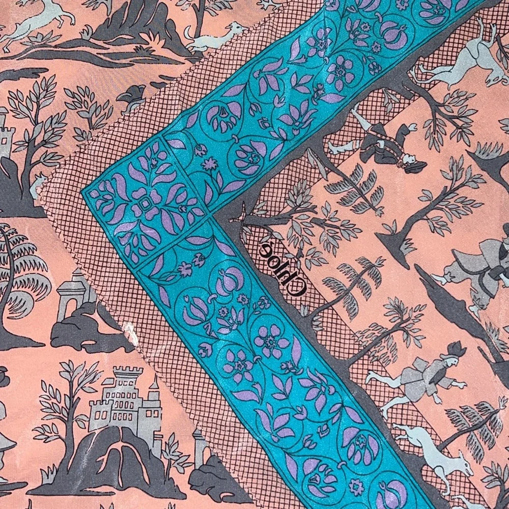 Vintage Chloe Square Silk Scarf  32” pink & turquoise